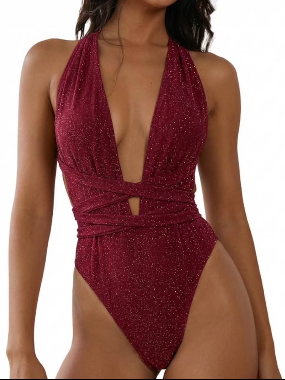 Deep V Halter One-Piece Swimsuit in Sparkling Burgundy
